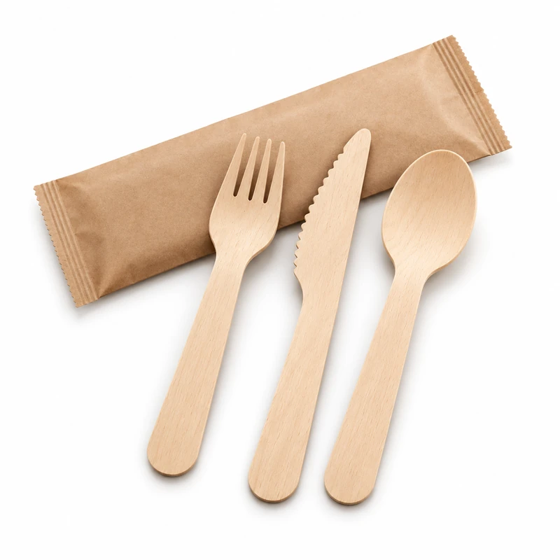 Wooden fork, knife and spoon with paper sleeve