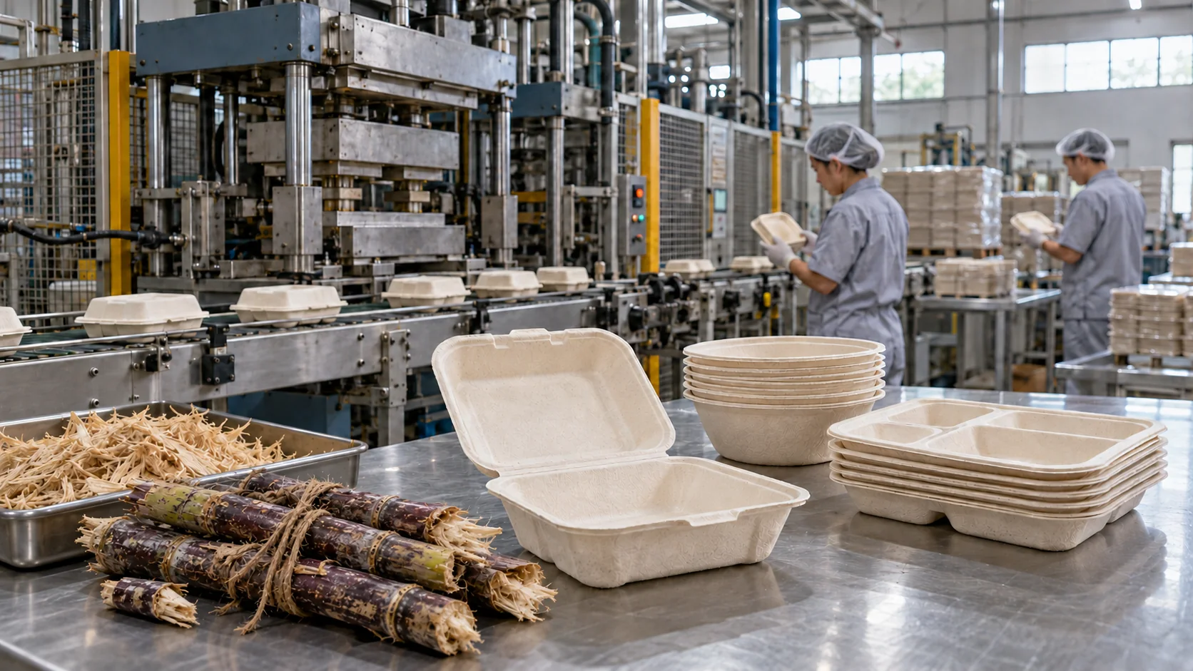 Rough-cut purple sugarcane, bagasse fiber and molded food packaging in a production setting